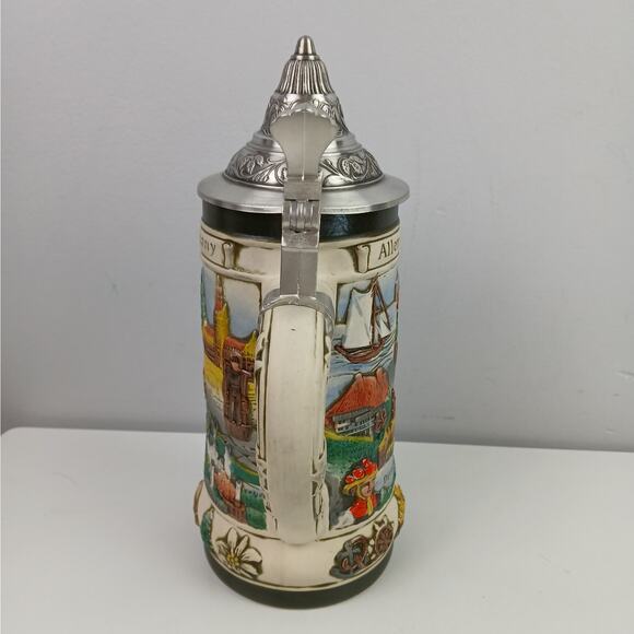 Vintage GERZ Germany Lidded Beer Stein – German Cityscape Relief – Pewter Lid - Picture 2 of 7